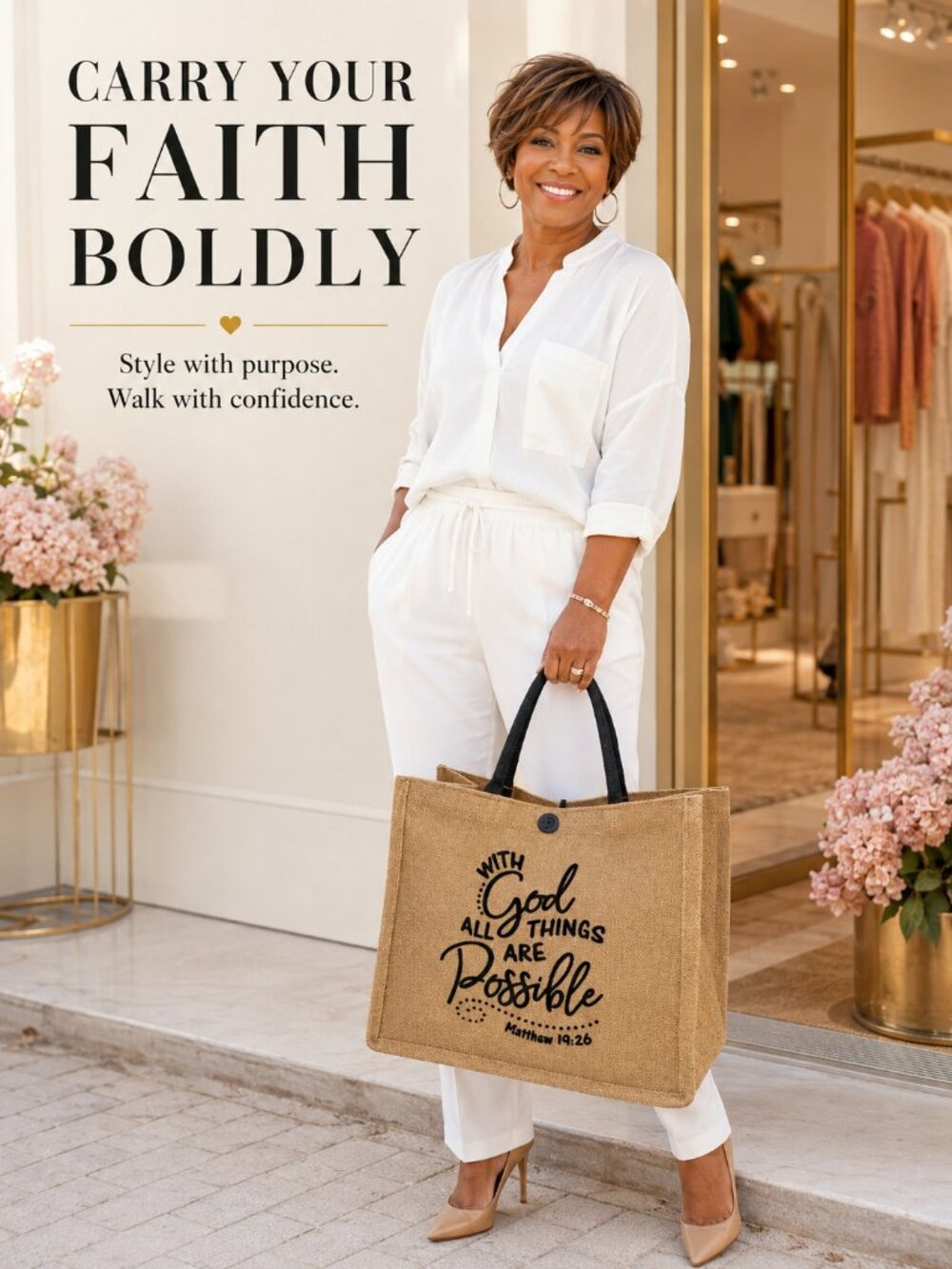 Faith-Inspired “With God All Things Are Possible” Woven Tote Bag 13" x 11"